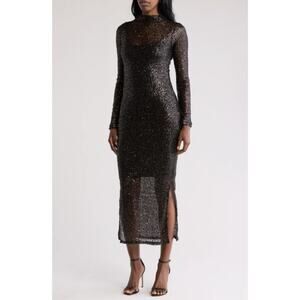 Steve Madden Blakely Black Sequin Mesh Maxi Dress Long Sleeve Size L